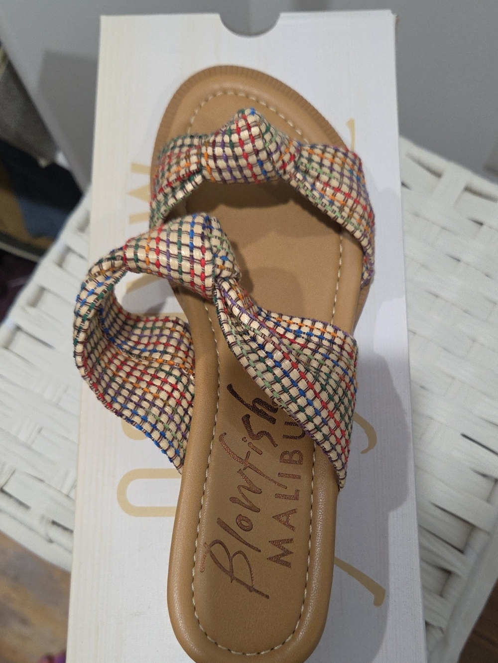 Blowfish Multicolor Woven Knot Slide Sandal with Tan Footbed